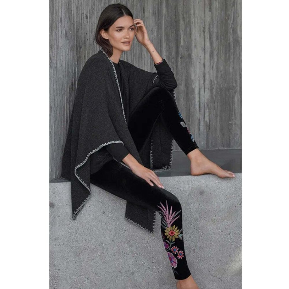 Johnny Was Tiarei Leggings Velvet Floral Embroidery Pants Black Legging XXL NEW